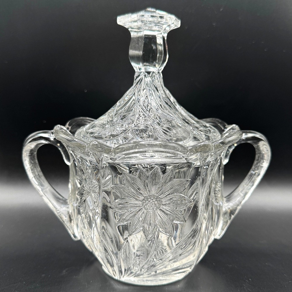 Vtg. Pressed Glass Sunflower Large Lidded Sugar Bowl Clear‎ Floral Double Handle